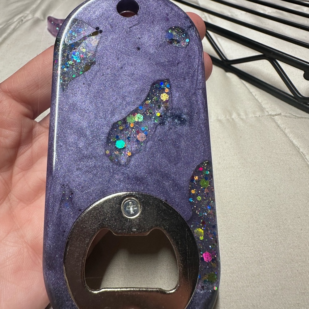 Metallic purple geode keychain bottle opener